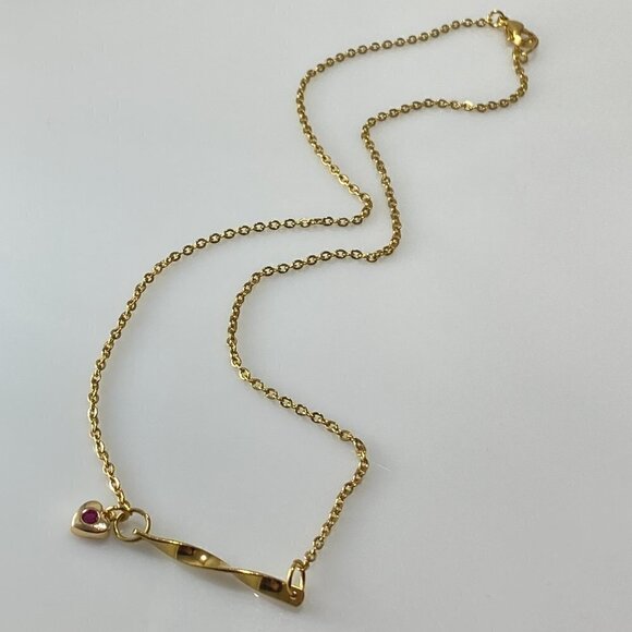 Gold Plated Stainless Steel Twisted Bar and Heart Necklace - Picture 2 of 7